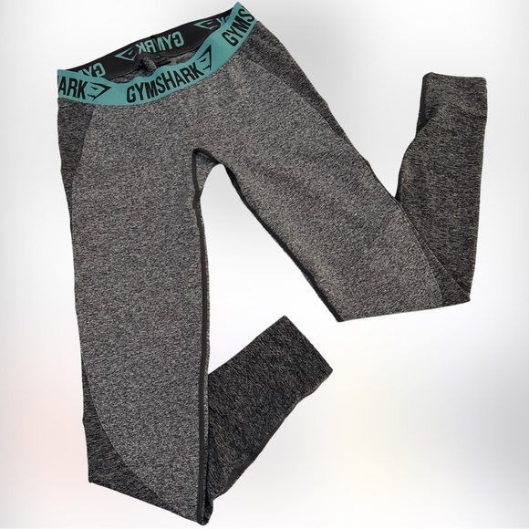 Gymshark Pants - GymShark Flex Leggings Charcoal Marl with Teal Logo Waistband